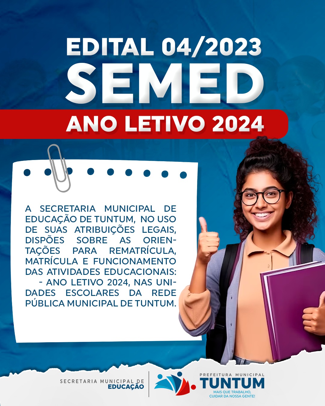 EDITAL 04/2023, SEMED: ORIENTAÇÕES PARA REMATRÍCULA, MATRÍCULA E ATIVIDADES EDUCACIONAIS